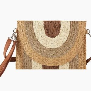 Styline Metallic Lined Multi Color Straw Clutch/Crossbody Bag- Color Taupe-NEW